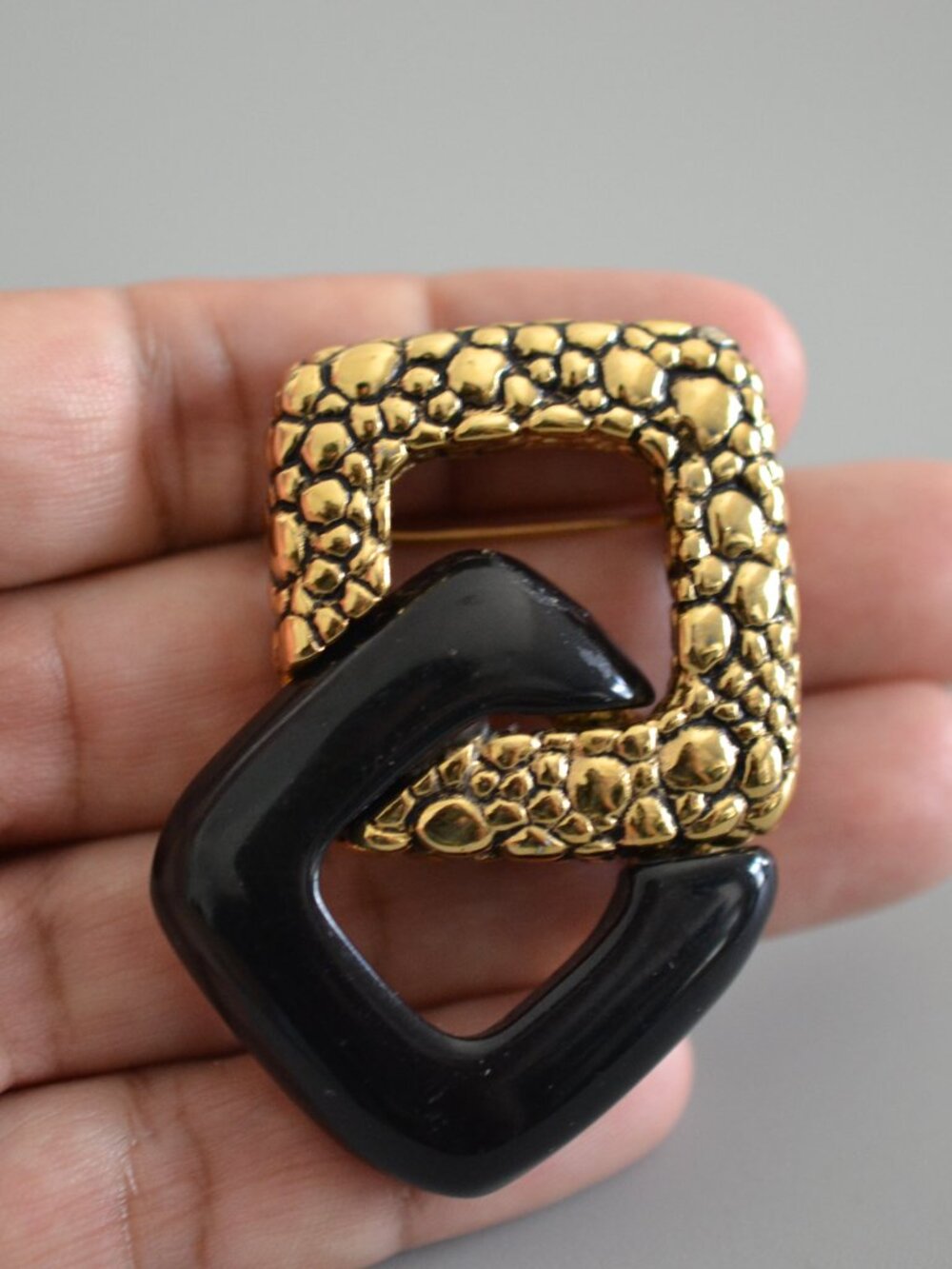 Vintage Givenchy Signed Interlocking Square Brooch Gold Tone Black